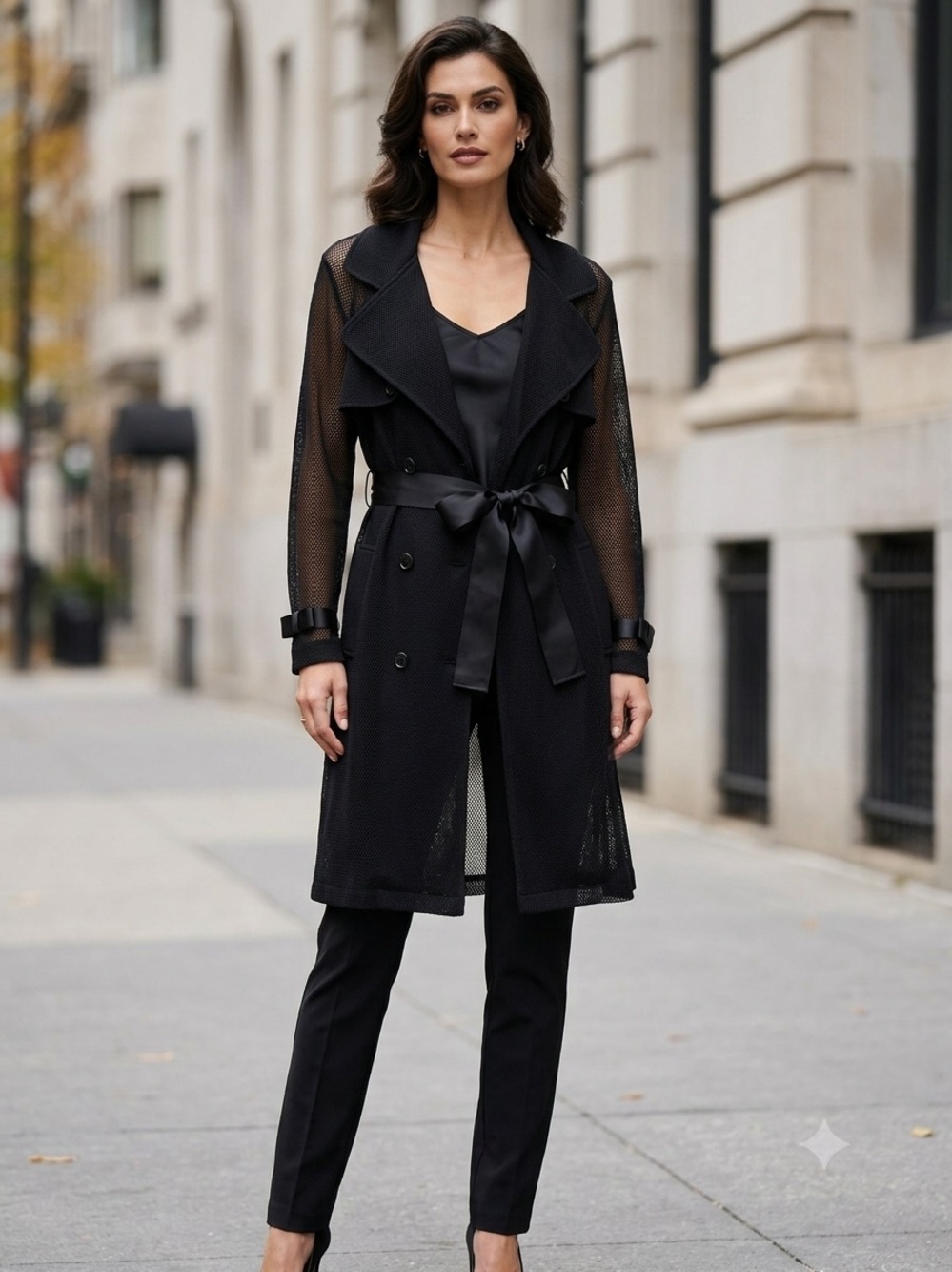 RARE Joseph Ribkoff Black Mesh Trench Coat with Ribbon Waist Tie, Size 8
